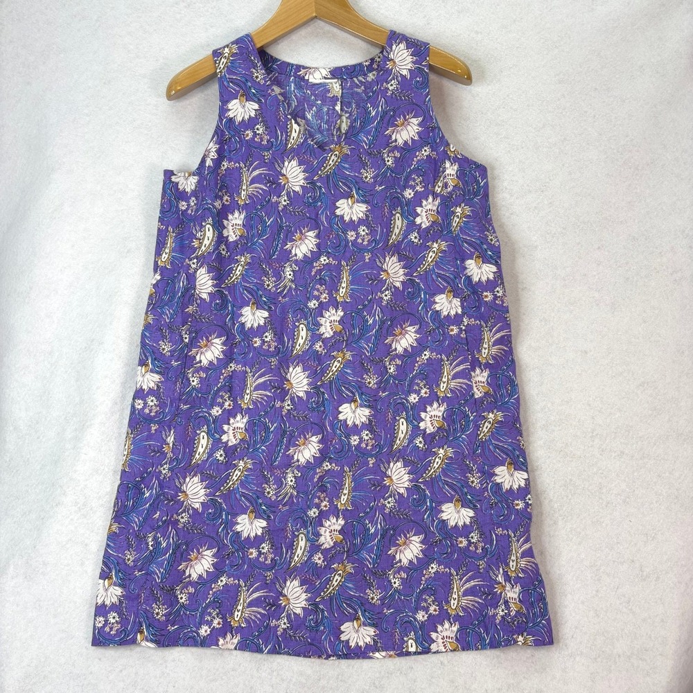 J. Jill Floral Paisley Linen Shift Dress Purple Womens L Boho Pockets Cottage